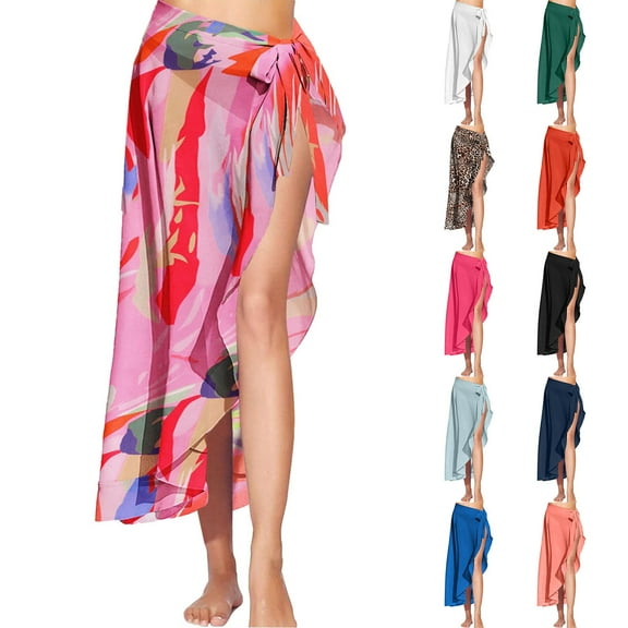 Womens Chiffon Beach Cover Up with Ruffle Tie Detail Long Sarong Wrap for Swimsuit and Resort Wear