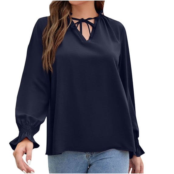 Womens Chiffon Blouse Dressy Fashion 2022 Long Sleeve V Neck Loose Casual Tie Neck Plain Blouses Tops and T Shirts