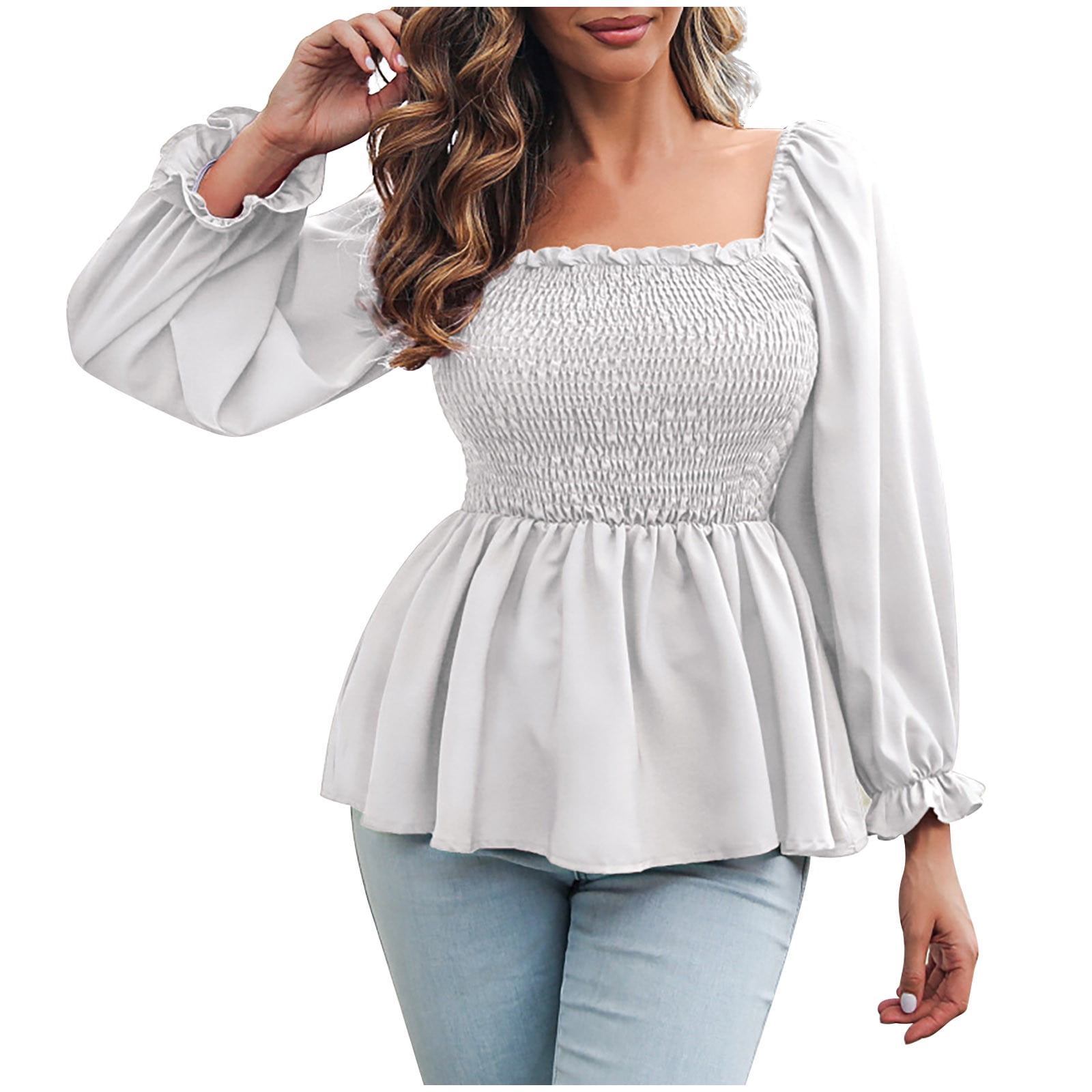 Boho Tops for Women Babydoll Tops V Neck Peasant Blouses Long Lantern  Sleeve Textured Lace Chiffon Going Out Flowy Shirts