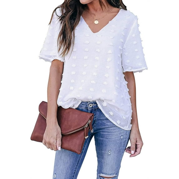 Womens Chiffon Blouse Summer Casual Round Neck Short Sleeve Pom Pom Shirts Top