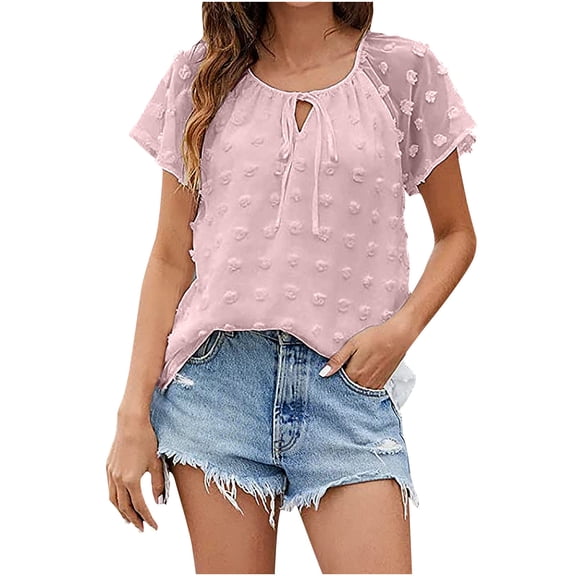 Womens Chiffon Blouse Swiss Dot Casual V-Neck Tie Puff Short Sleeve Pom Pom Shirts Loose Fit Summer Tops Tunics