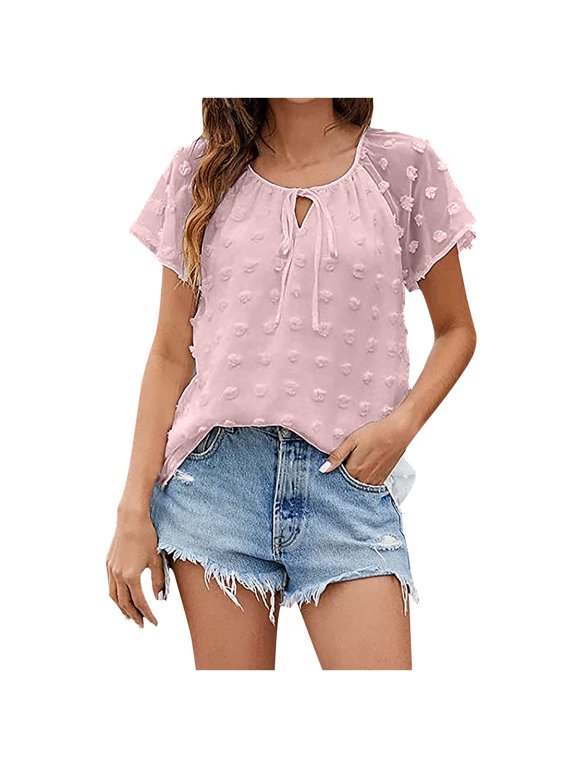 Womens Chiffon Blouse Swiss Dot Casual V-Neck Tie Puff Short Sleeve Pom Pom Shirts Loose Fit Summer Tops Tunics