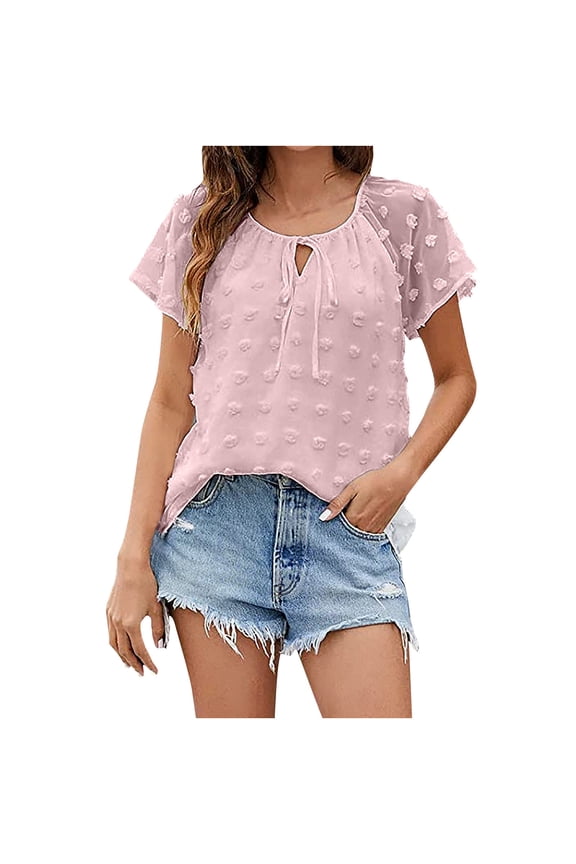 Womens Chiffon Blouse Swiss Dot Casual V-Neck Tie Puff Short Sleeve Pom Pom Shirts Loose Fit Summer Tops Tunics