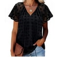 thumbnail image 1 of Womens Chiffon Blouse Swiss Dot Casual V-Neck Tie Puff Short Sleeve Pom Pom Shirts Loose Fit Summer Tops Tunics, 1 of 8