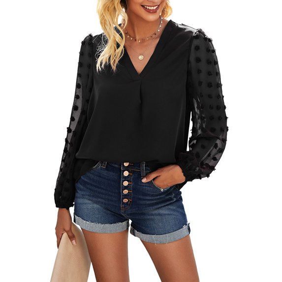 Womens Chiffon Blouse V Neck Pom Pom Tops Long Sleeve Swiss Dot Shirts, Black, X-Large