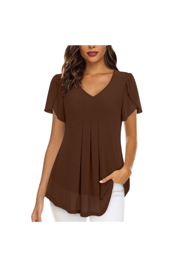 Womens Chiffon Blouses Dressy Casual Summer V-Neck Short Sleeve Tops Business Tunics Flowy Pleated Double Layer Shirts