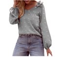 thumbnail image 1 of Womens Chiffon Blouses Long Sleeve V Neck Tops Dressy Casual Loose Pom Pom Shirts Ruffle Trim Shoulder Tshirts Top, 1 of 5