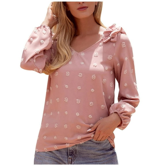 Womens Chiffon Blouses Long Sleeve V Neck Tops Dressy Casual Loose Pom Pom Shirts Ruffle Trim Shoulder Tshirts Top