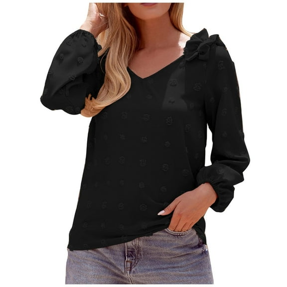 Womens Chiffon Blouses Long Sleeve V Neck Tops Dressy Casual Loose Pom Pom Shirts Ruffle Trim Shoulder Tshirts Top