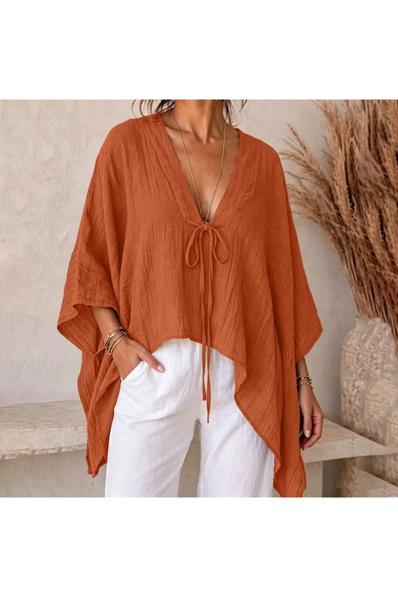 Womens Chiffon Blouses V Neck Bow Tie Front 3/4 Sleeve Summer Shirts Cute Tops Going Out Tops For Women