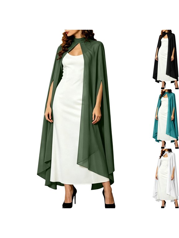 Womens Chiffon Cape Cloak Halloween Witch Costume Mock Neck Keyhole Front Floor Length Duster Cardigan Drape Cover Up for Renaissance Party, Green, Free Size