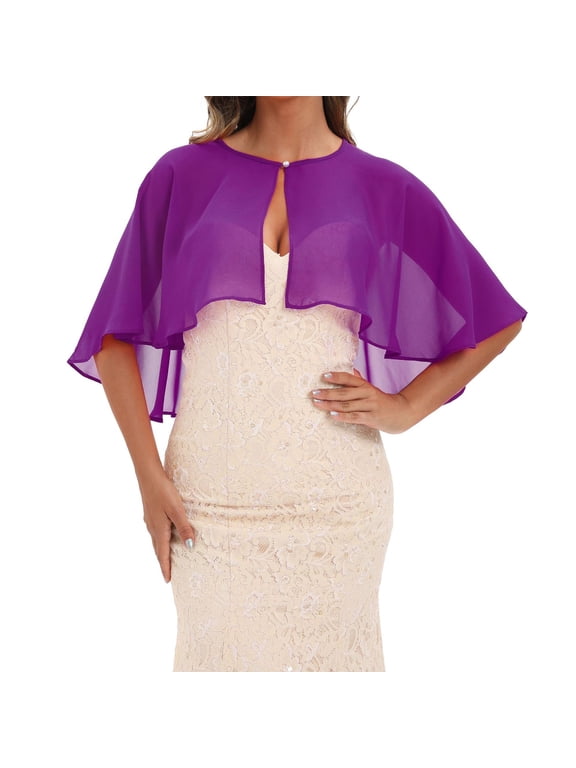 Womens Chiffon Capelet Shawl for Evening Dress Pearl Button Front Round Neck Wedding Cover Up Formal Occasion Wrap