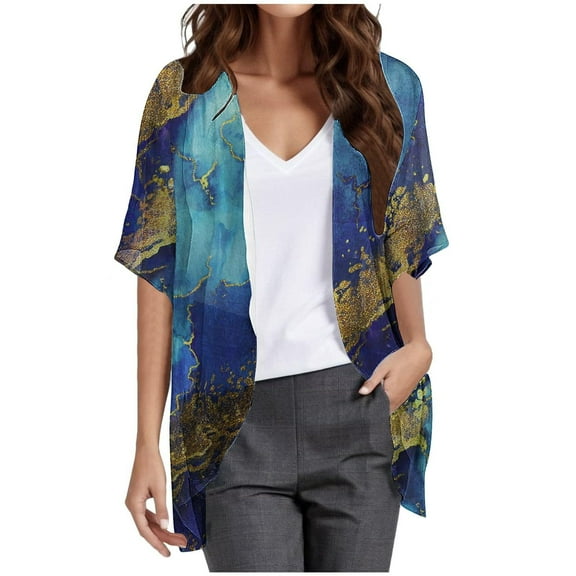 Womens Chiffon Cardigans Cover Ups Lightweight Short Sleeve Open Front Cardigan Flowy Tops Beach Vacation Clothes Blue, 2XL