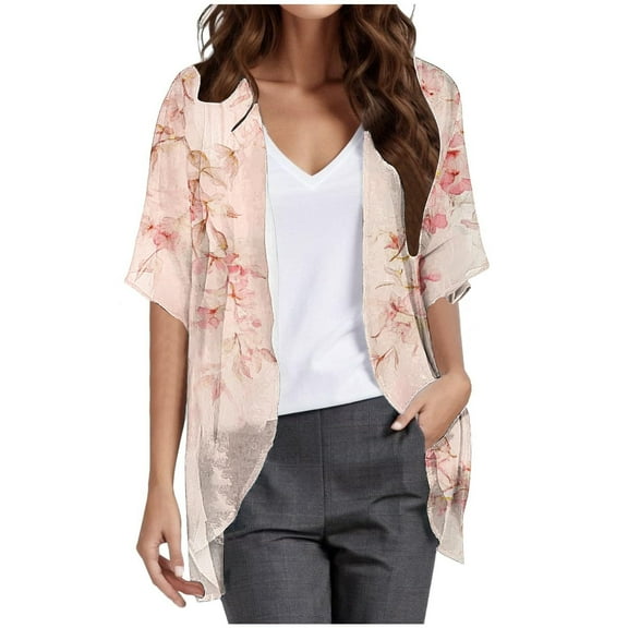 Womens Chiffon Cardigans Cover Ups Lightweight Short Sleeve Open Front Cardigan Flowy Tops Beach Vacation Clothes Pink, L