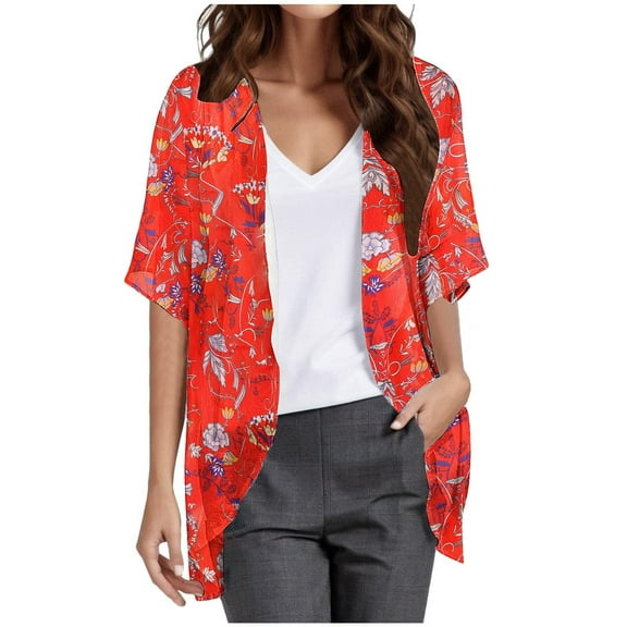 Womens Chiffon Cardigans Cover Ups Lightweight Short Sleeve Open Front Cardigan Flowy Tops Beach Vacation Clothes Red, L