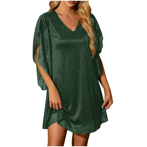 Womens Chiffon Cocktail Dresses Plus Size Elegant 3/4 Sleeve Swing Dress Summer Loose V Neck A-Line Party Dress