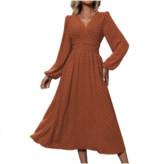 Womens Chiffon Cocktail Maxi Dress, Long Sleeve V Neck Chiffon A-Line Flowy Wedding Guest Dresses Womens Sundresses Orange L