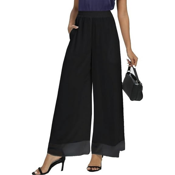MLDRA Womens Dress Pants Palazzo Wide Leg Beach Trouser Chiffon Elastic Waist Culottes with Pockets Black Size XL