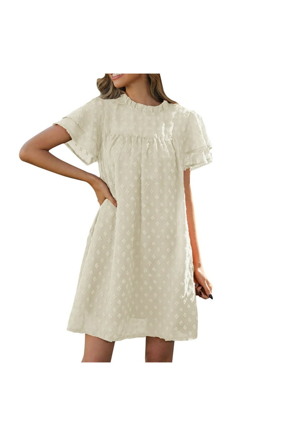 Womens Chiffon Dresses Short Sleeve Ruffle Cute Sun Dress Flowy Shift Mini Dress Casual Loose Fit Swiss Dot Dress