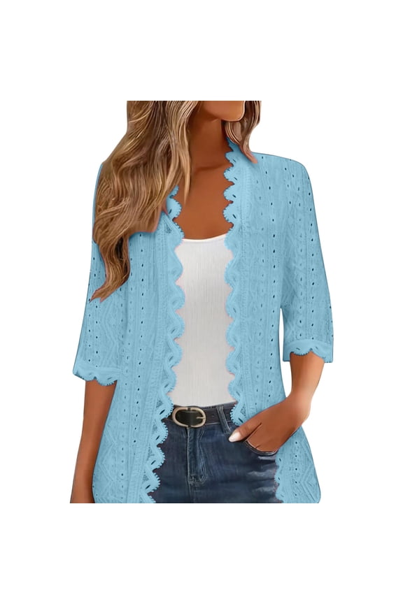 Womens Chiffon Dressy Blouses, 3/4 Sleeve Shirts for Women Fall Lightweight Casual Hollow Eyelet Lace Floral Open Front Cardigan S-2XL
