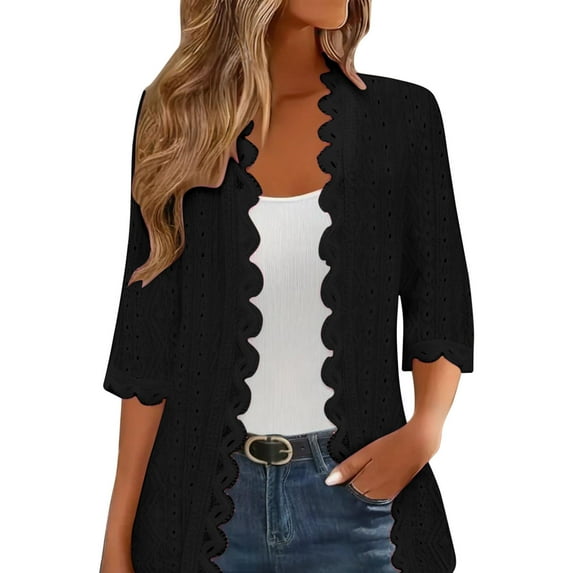 Womens Chiffon Dressy Blouses, 3/4 Sleeve Shirts for Women Fall Lightweight Casual Hollow Eyelet Lace Floral Open Front Cardigan S-2XL