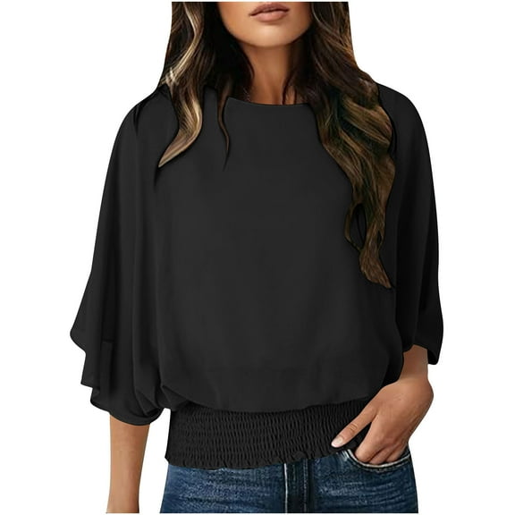 Womens Chiffon Dressy Blouses, 3/4 Sleeve Shirts for Women Fall Summer Casual Solid Color Ruffle Crewneck T-Shirts
