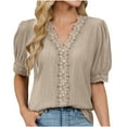thumbnail image 1 of Womens Chiffon Dressy Blouses, Boho Tops for Women Summer Lightweight Casual Solis Color Lace V Neck Short Sleeve Shirts, 1 of 8
