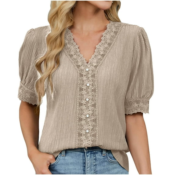 Womens Chiffon Dressy Blouses, Boho Tops for Women Summer Lightweight Casual Solis Color Lace V Neck Short Sleeve Shirts
