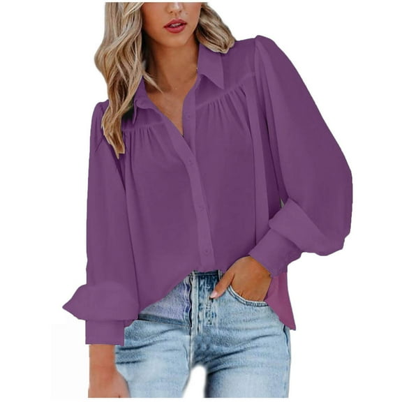 Womens Chiffon Dressy Blouses, Long Lantern Sleeve Shirts for Women Fall Lightweight Casual Solid Color Lapel Button Down T-Shirts