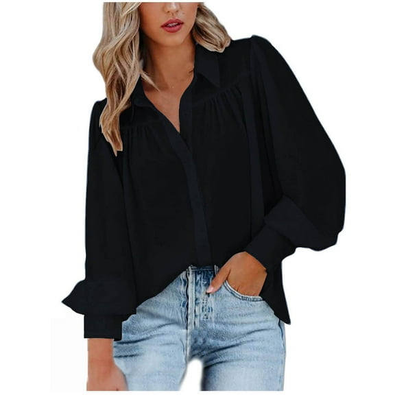 Womens Chiffon Dressy Blouses, Long Lantern Sleeve Shirts for Women Fall Lightweight Casual Solid Color Lapel Button Down T-Shirts