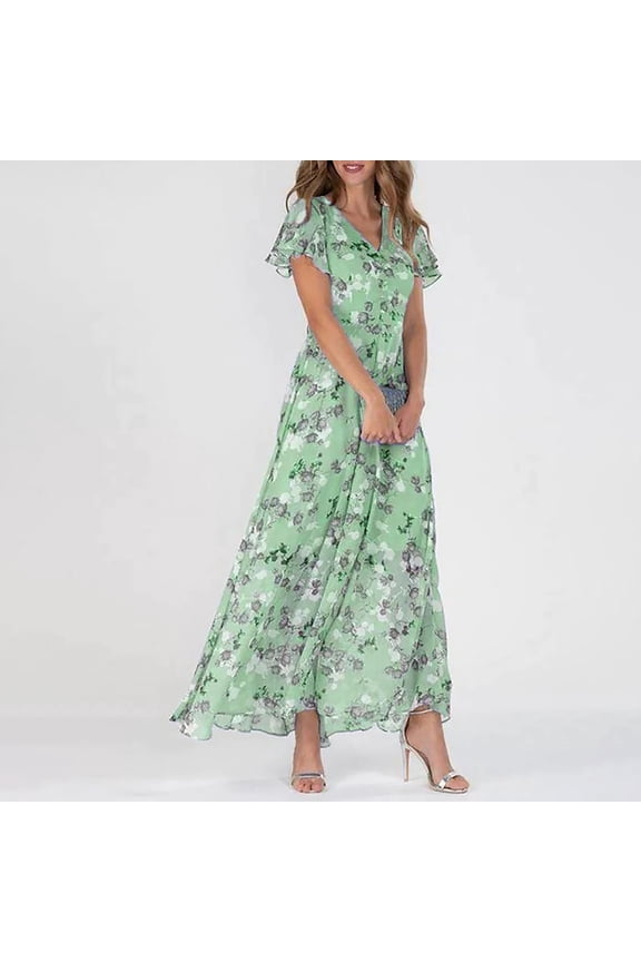 Womens Chiffon Floral Maxi Dress V Neck Short Sleeve Flowy A Line Summer Wedding Guest Dress, 2026 New Limited Time Offer
