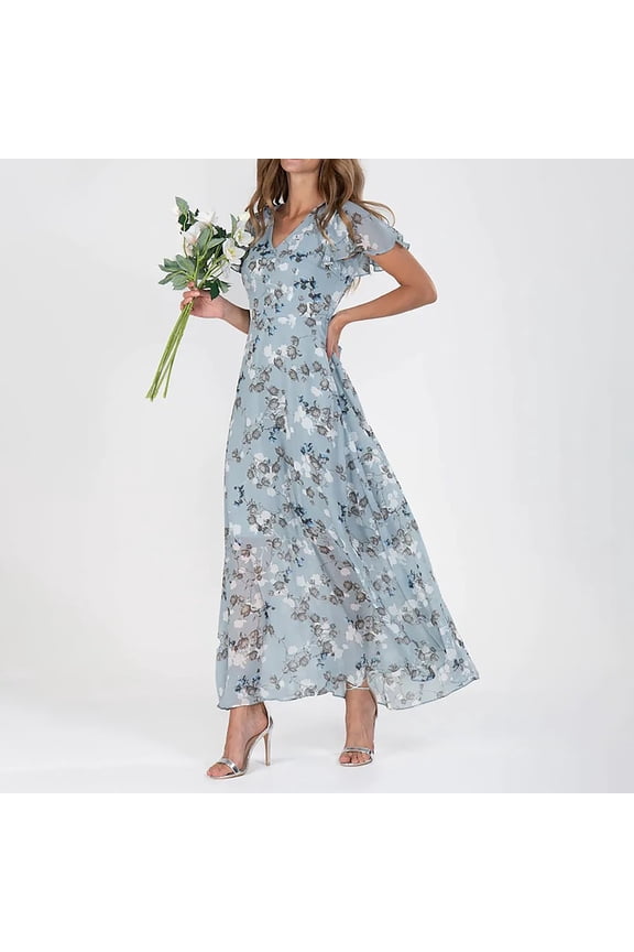 Womens Chiffon Floral Maxi Dress V Neck Short Sleeve Flowy A Line Summer Wedding Guest Dress, 2026 New Limited Time Offer