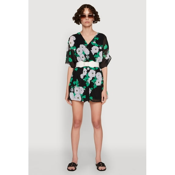 Womens Chiffon Floral Print V Neck Wrap Romper with Belt
