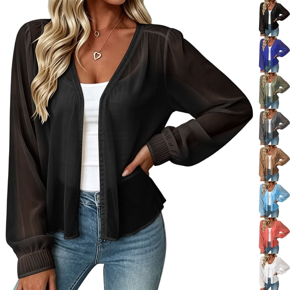 Womens Chiffon Long Sleeve Open Front Cardigan Sheer Loose Fit Blouse Flowy Draped Smocked Cuffs Cover Up for Beach Vacation Layering, Black, L