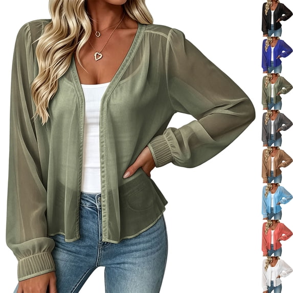 Womens Chiffon Long Sleeve Open Front Cardigan Sheer Loose Fit Blouse Flowy Draped Smocked Cuffs Cover Up for Beach Vacation Layering, Green, XXL