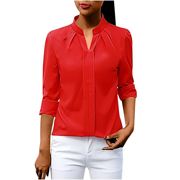 Womens Chiffon Long Sleeve Tops Summer V-Neck Tshirts Casual Pleated Blouse Dressy Loose Basic Tee Red M