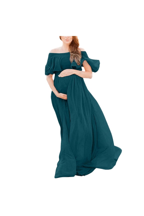 Womens Chiffon Maternity Maxi Dress Off Shoulder Ruffle Tunic Pregnancy Dresses Baby Shower Photoshoot Summer Gown Dress