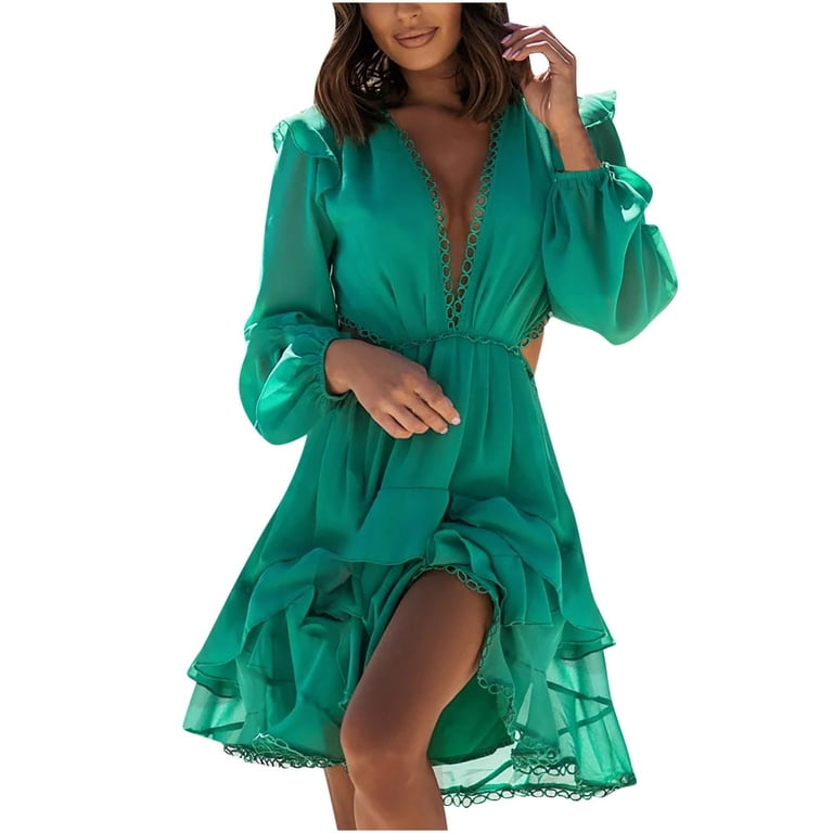 Fashion (Green)women Dress New Floral Printed Summer Butterfly Sleeve  V-neck Ruffled A-line Dresses For Female Holidays Chiffon Dress DOU @ Best  Price Online