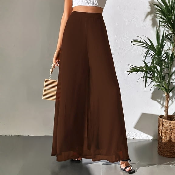 Womens Chiffon Palazzo Pants Wide Leg High Waist Flowy Casual Beach Trousers Elastic Waist Dressy Wear 2026 Brown L