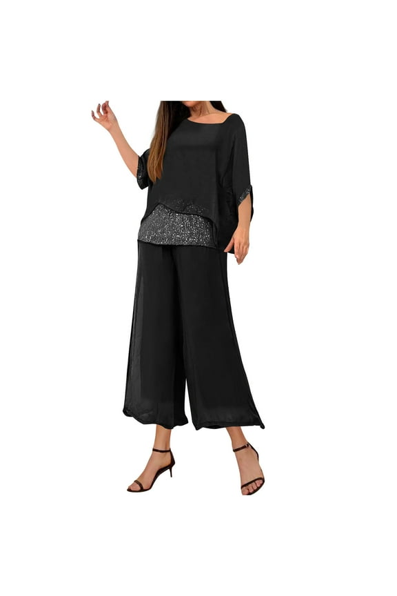 Womens Chiffon Pants Sets, Ladies Mother of the Bride Pant Suits 2 Piece Set, Elegant Wedding Guest Evening Party Gowns Dressy Flowy Pants Suit Set Beach Outfits for Women Black L