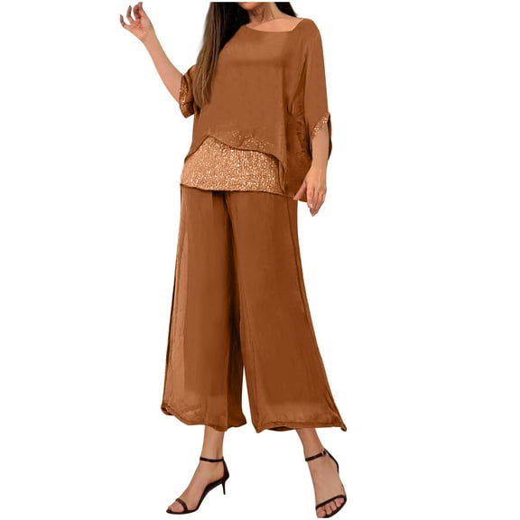 Womens Chiffon Pants Sets, Ladies Mother of the Bride Pant Suits 2 Piece Set, Elegant Wedding Guest Evening Party Gowns Dressy Flowy Pants Suit Set Loungewear Sets for Women Brown S