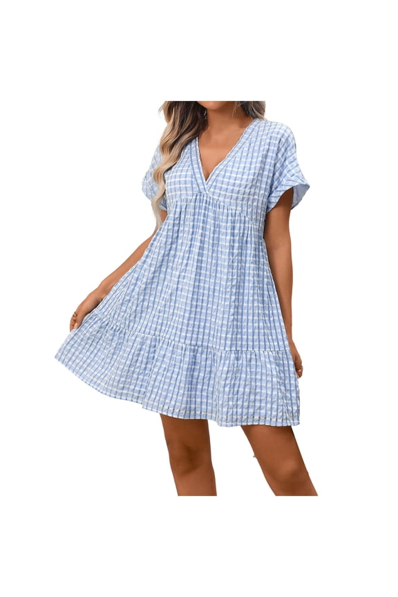 Womens Chiffon Plaid Mini Dresses V Neck Short Sleeve Tunic Pleated Dress Gingham Flowy Casual Loose Holiday Summer Dresses