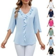 thumbnail image 1 of Womens Chiffon Pleated Blouse Mid Sleeve V Neck Ruffle Detail Loose Fit Top, 1 of 8