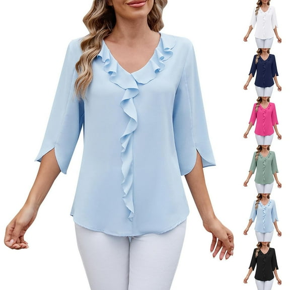 Womens Chiffon Pleated Blouse Mid Sleeve V Neck Ruffle Detail Loose Fit Top