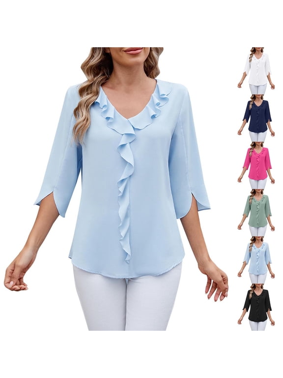 Womens Chiffon Pleated Blouse Mid Sleeve V Neck Ruffle Detail Loose Fit Top