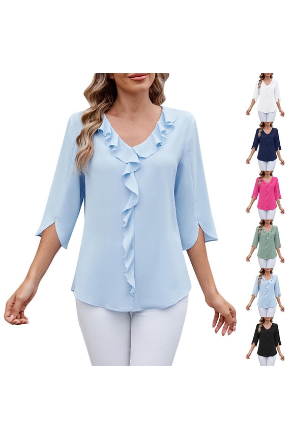 Womens Chiffon Pleated Blouse Mid Sleeve V Neck Ruffle Detail Loose Fit Top