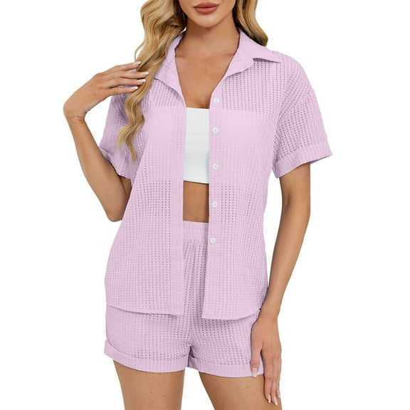 Womens Chiffon Set Two Piece Outfits Summer Beach Button down Short Sleeve Shirt Shorts Sets with Pockets