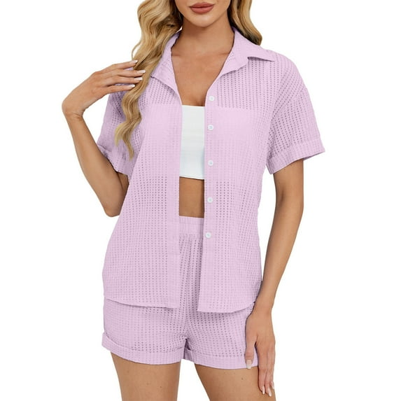 Womens Chiffon Set Two Piece Outfits Summer Beach Button down Short Sleeve Shirt Shorts Sets with Pockets