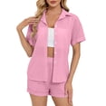 thumbnail image 1 of Womens Chiffon Set Two Piece Outfits Summer Beach Button down Short Sleeve Shirt Shorts Sets with Pockets, 1 of 5