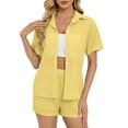 thumbnail image 1 of Womens Chiffon Set Two Piece Outfits Summer Beach Button down Short Sleeve Shirt Shorts Sets with Pockets, 1 of 5